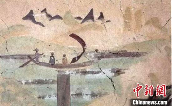 “一人搖櫓晃扁舟，兩人撐篙水上漂?！眻D為莫高窟第323窟《搖櫓帆船》（初唐）?！《鼗脱芯吭汗﹫D