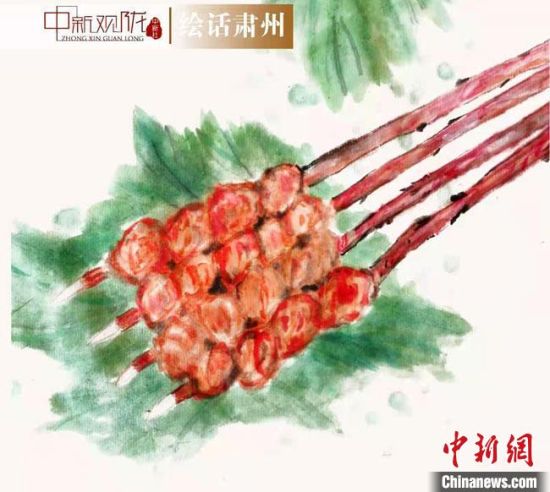圖為酒泉美食“紅柳烤肉”繪畫作品?！《排d彥 攝