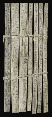 漢簡(jiǎn)《康居王使者冊(cè)》。此簡(jiǎn)記載了西域康居國(guó)使者前來(lái)“進(jìn)貢”駱駝，抵達(dá)敦煌遇到不公后反映問(wèn)題，朝廷受理解決的經(jīng)過(guò)。新華社發(fā)（甘肅簡(jiǎn)牘博物館供圖）