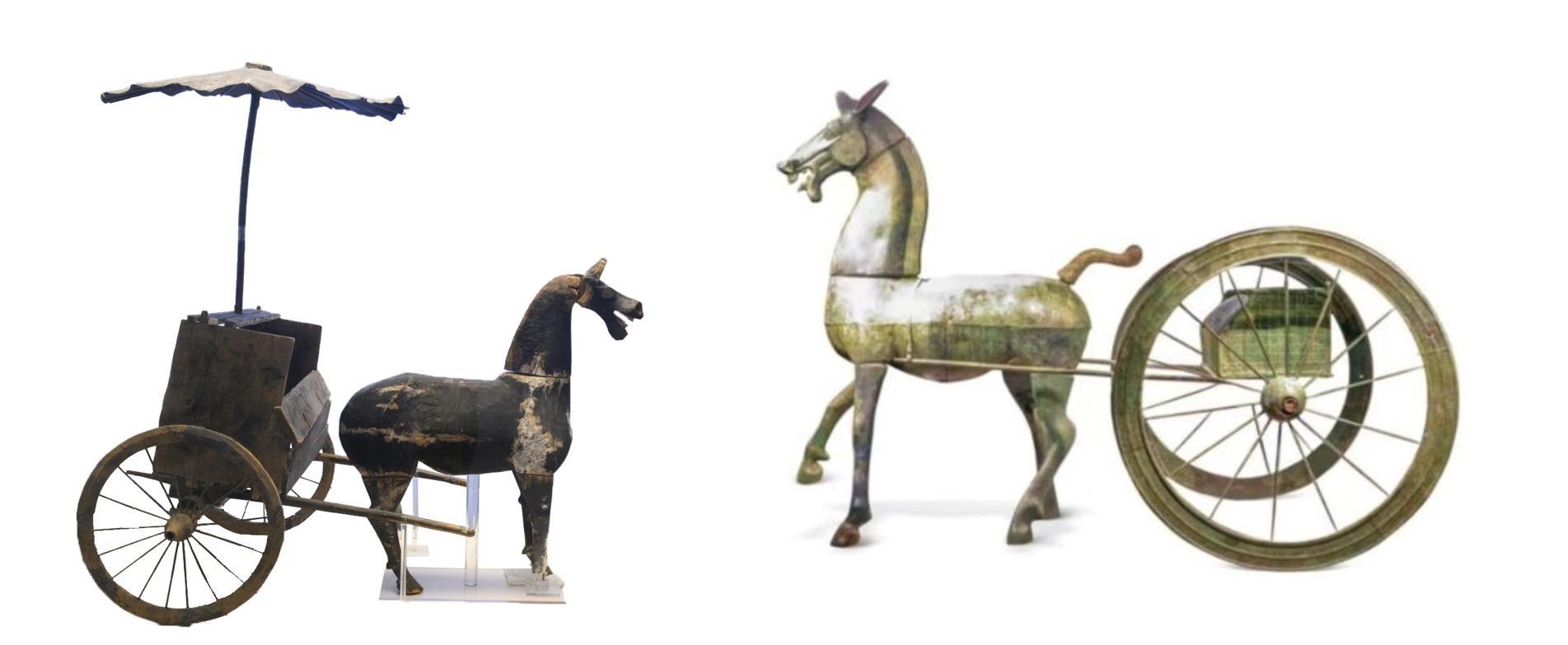 △左為漢代木軺車，藏于青海省博物館；右為東漢銅車馬，藏于黔西南州博物館。